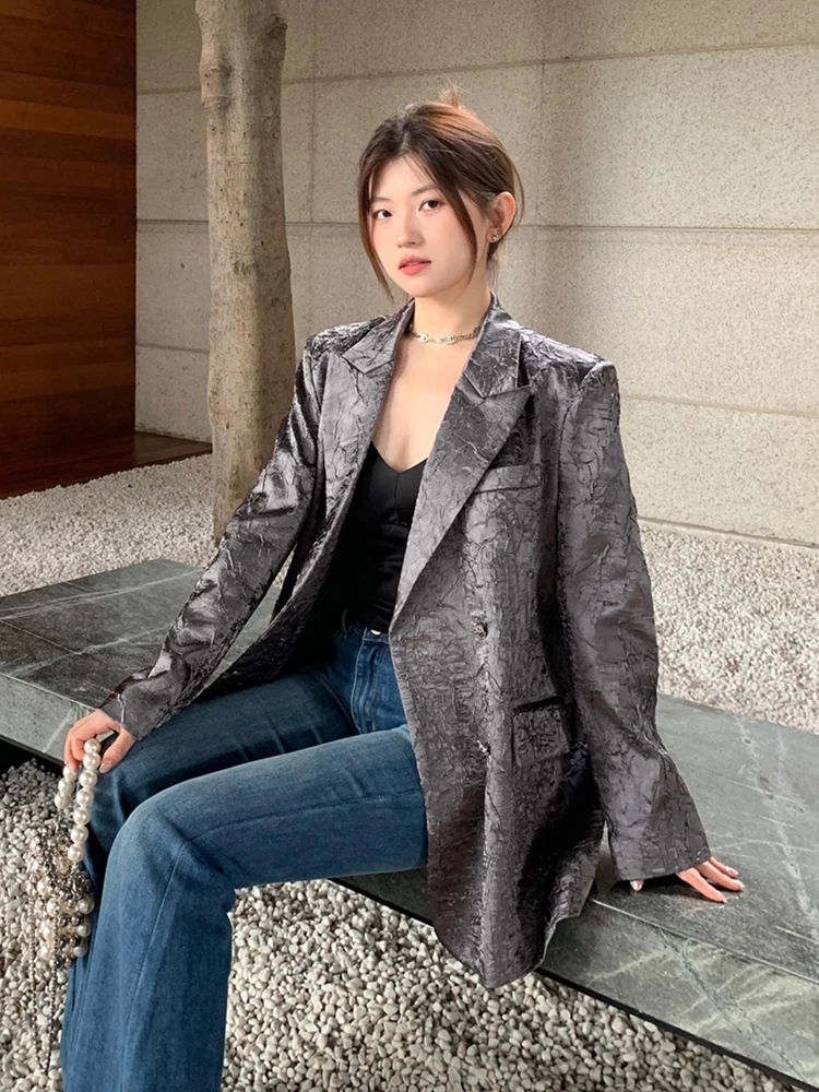 Textural sense Design Satin Jacket Stylish Purple Loose Casual Suit Acetate Luxury Blazer for Women korean reviews many clothes