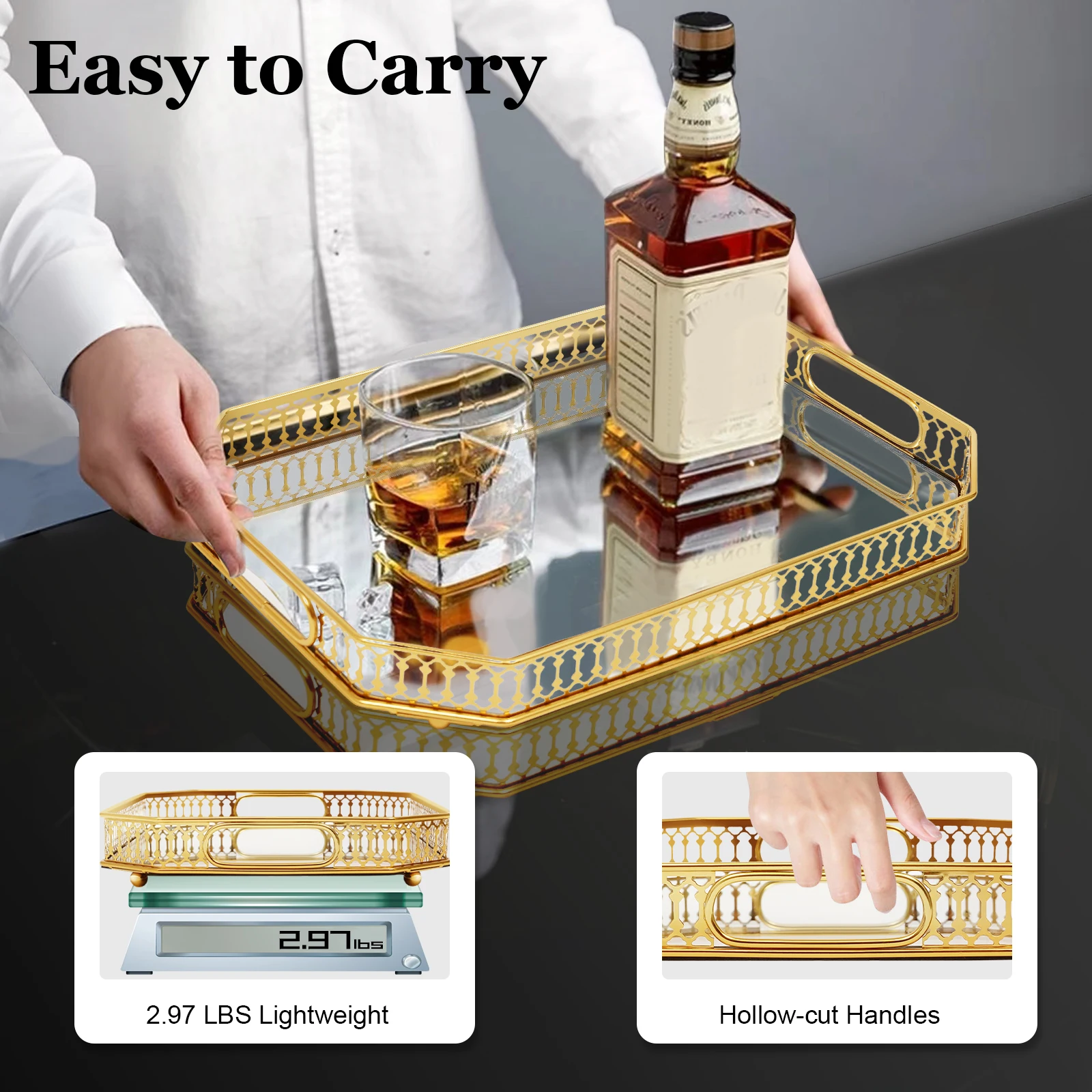 Bandeja decorativa dourada retangular, bandeja de mesa para servir, bandeja de vaidade, duas alças ocas em ambos os lados para armazenar vários itens