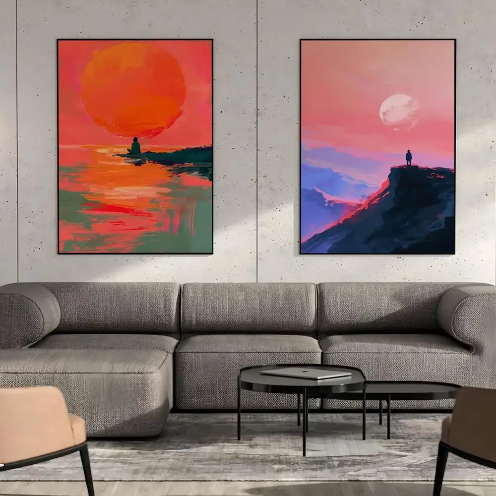 Vivid Red Sunset HD Wall Art Poster Lone Figure Solitude Impasto Oil Painting Modern Abstract Seascape Living Room Home Decor