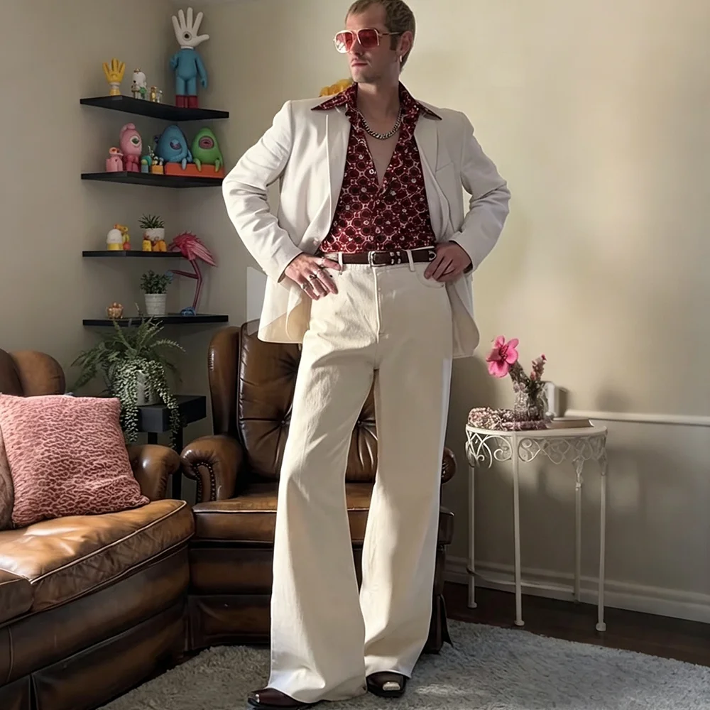 Refined Men Cream White Linen 2‑Piece Suit Set Notched Lapel Retro Blazer Flare Pants 70s Vintage Disco Party Club Formal Outfit