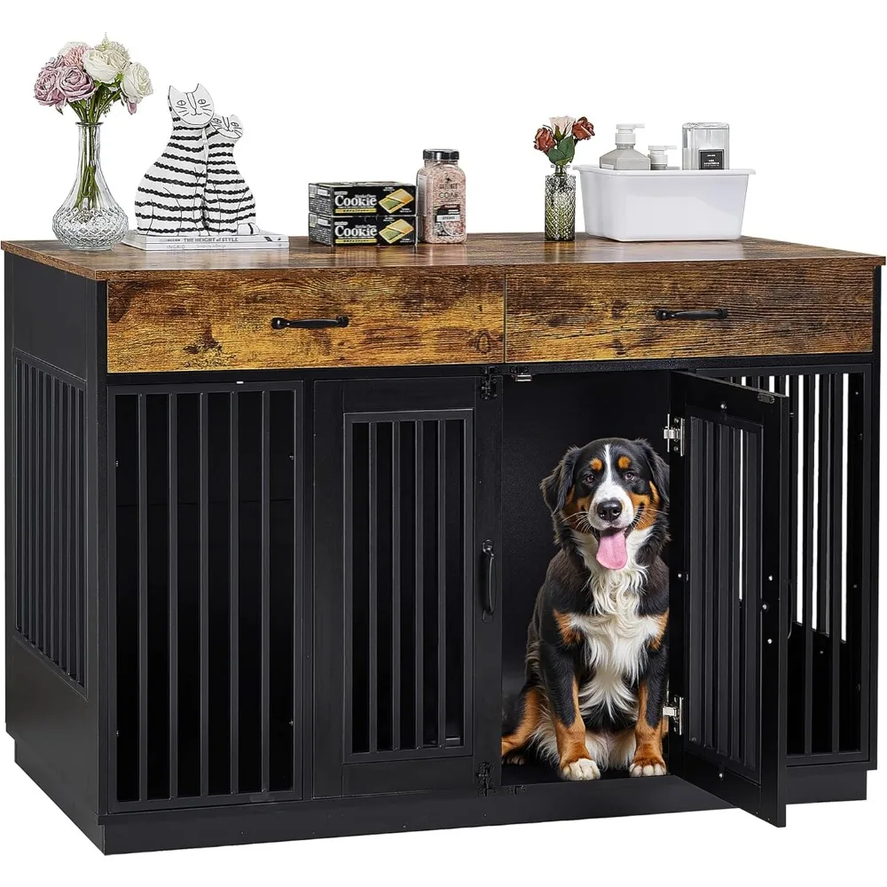 

Dog Crate Furniture for Medium/Large Dogs, Wooden Dog Cage with Drawers, Double Door, Dog Kennel End Table
