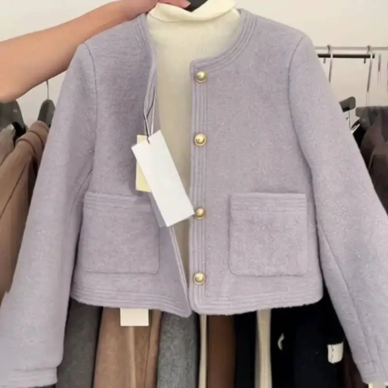 

French Style Short Cotton Woolen Coat Women's Autumn Winter New Fashion Niche Sense Top Crew Neck Jacket Regular Type Origin Chi