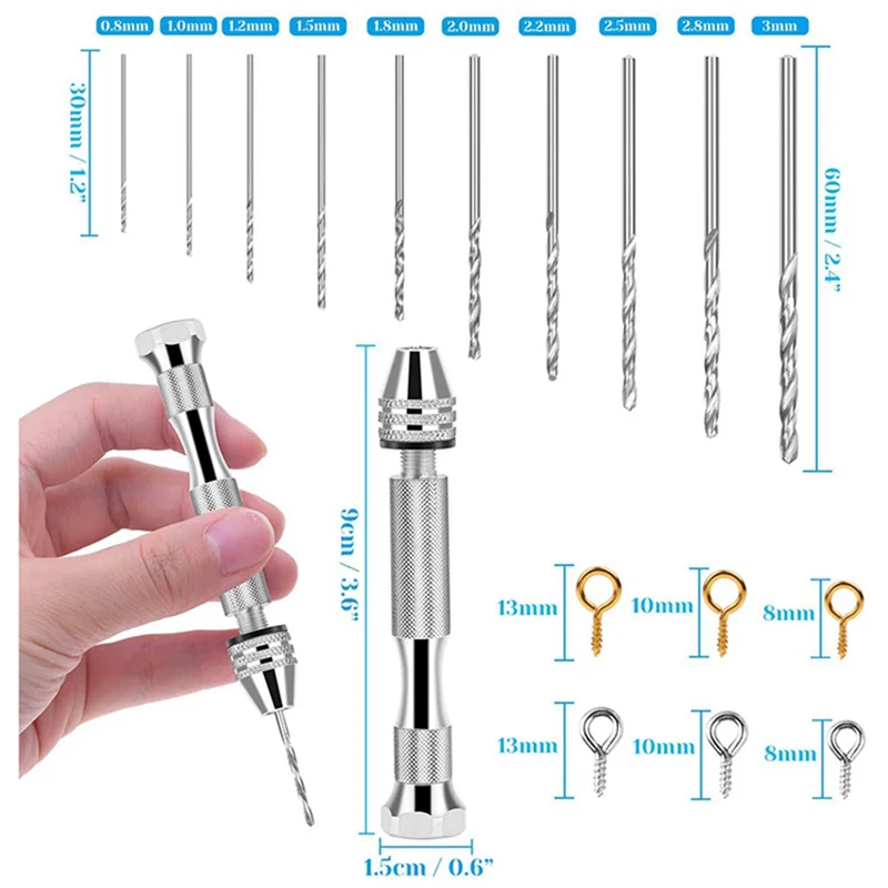 AC88-Resin Tools Kit With 2Pcs Pin Vise Hand Drill 20Pcs Drill Bits And 800Pcs Screw Eye Pins For DIY Keychain Pendant Making