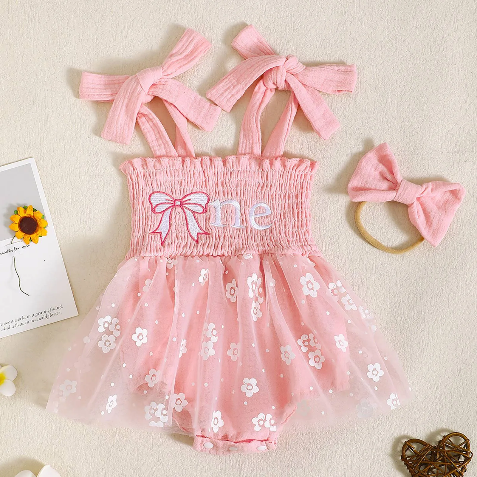 （0-12M）Summer Girls Pure Color Suspenders Mesh Romper Jumpsuit Clothes With Bow Headdress Two Piece Set Cute Baby Girl Clothes