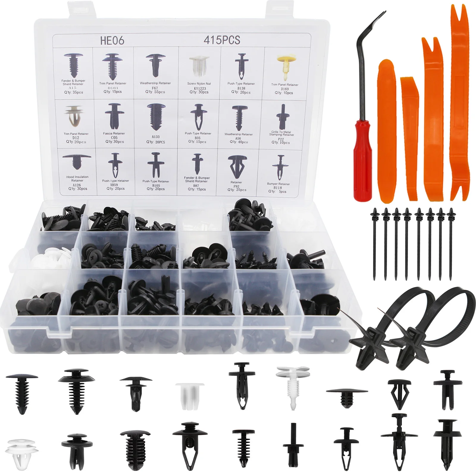 Car Automotive Push Pin Rivet Trim Panel Body Interior Assortment Retainer Assortment Clips with Fastener Remover & Cable Ties