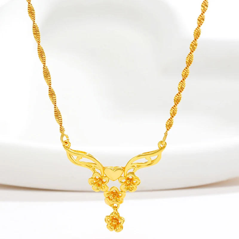 

24k Gold Plated Water Wave Chain Flower Necklace Chinese Style Vintage Bridal Jewelry For Women Wedding Accessories Wholesale