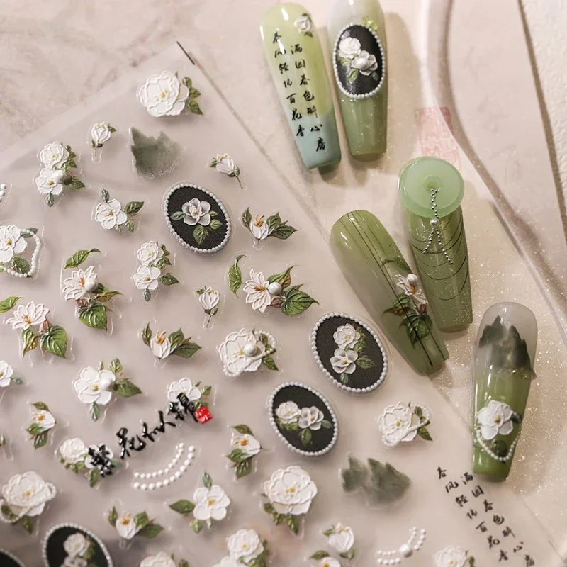 Retro Green Hill White Camellia Flower Pearl Chinese Style Embossed Reliefs Adhesive Nail Art Stickers Manicure Decal Wholesale