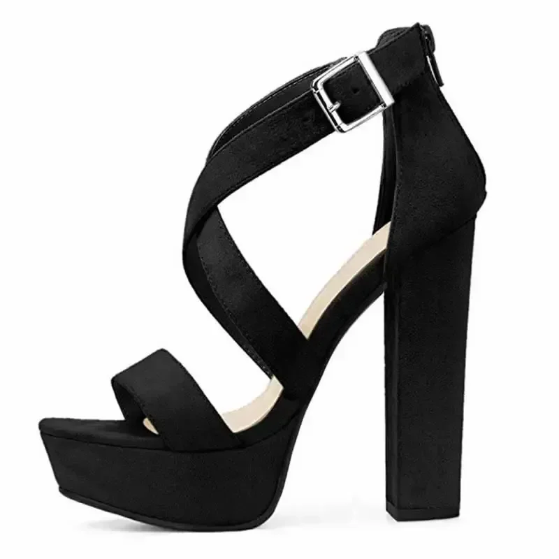 Women Sandals Sexy Open Toe Cross Strap Buckle Wedge Platform Sandals High Heels Chunky Block Heels Dress Party Wedding Shoes