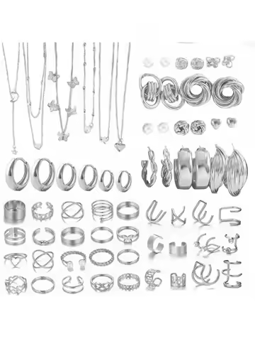 68 Pieces/58 Pieces/35 Pieces Fashionable, Simple and Elegant Silver Gray Necklace Ring Earrings Jewelry Set Suitable for Women's Daily Party Vacation Wear Christmas, Moon, Halloween Gifts for Family and Friends