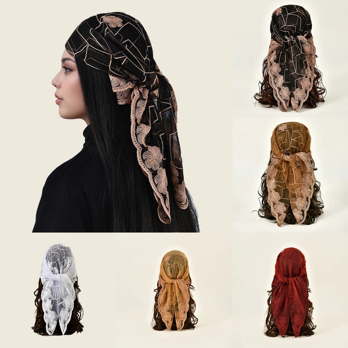 

80*80cm Embroidery Lace Square Scarf For Women Muslim Hijab Headscarf Veils Head Hair Wraps Elegant Lady Headband Bandanas