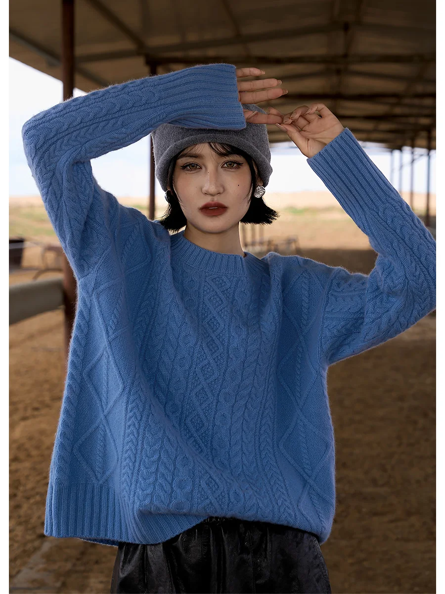 

Мягкий синий вязаный свитер с круглым вырезом для женщин, новинка ранней осени, теплый, утолщенный, с длинными рукавами, повседневный