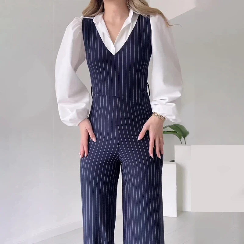 Vintage Hollow Out Sleeveless Belt Rompers Office Fashion Slim Long Pants Vest Playsuit FemaleV Neck Striped Straight Jumpsuit