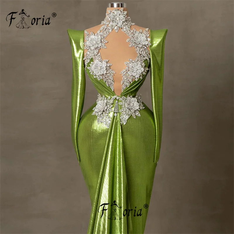 Elagant Green Beaded Mermaid Evening Dress 3D Flowers Crystal Glossy High Qualtiy Farbic Formal Occasion Gowns Front Tail Gala