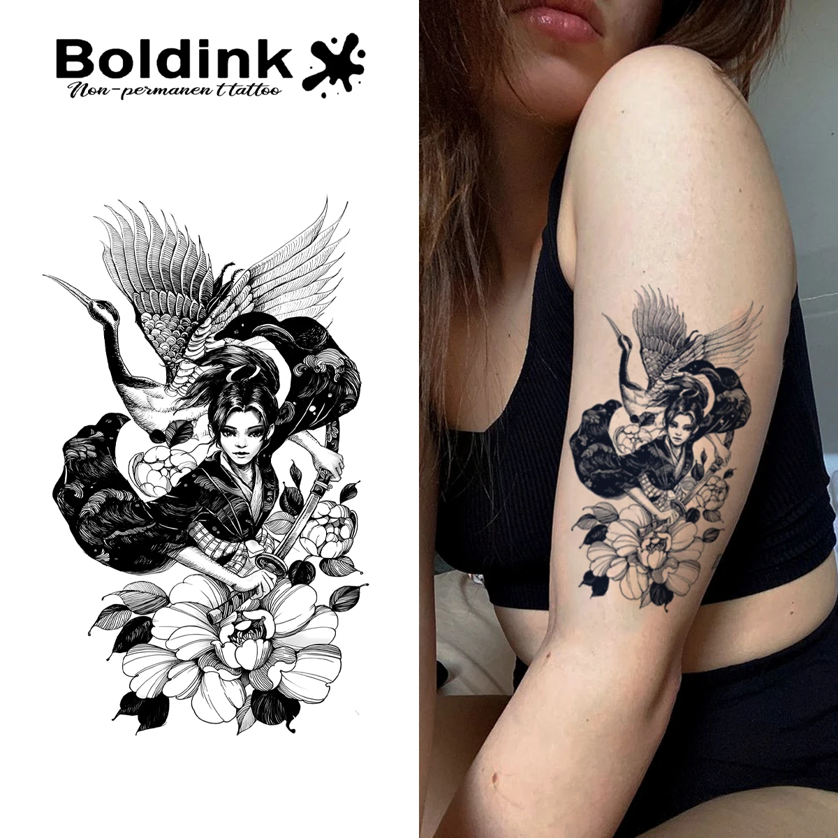 BOLDINK Unisex-Tattoo-Aufkleber im chinesischen Stil mit Blumenkranich, traditionelles Design, wasserfest, Farbe hält, trendiger dekorativer Aufkleber