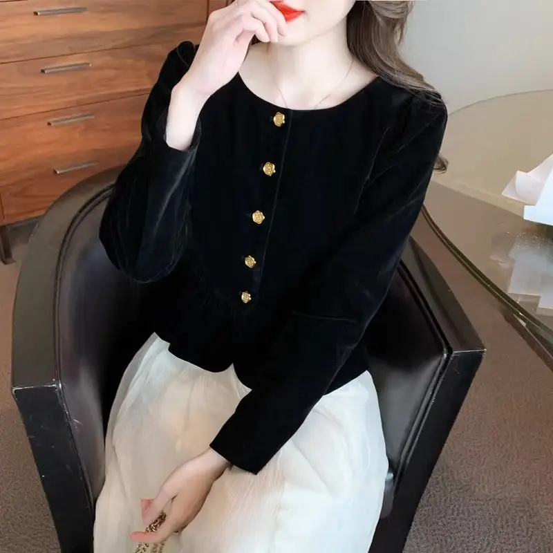 Women Retro High Quality Golden Velvet Elegant Chic Shirts 2023 Autumn Winter Fashion Ruffle Slim Blouses Solid Long Sleeve Tops