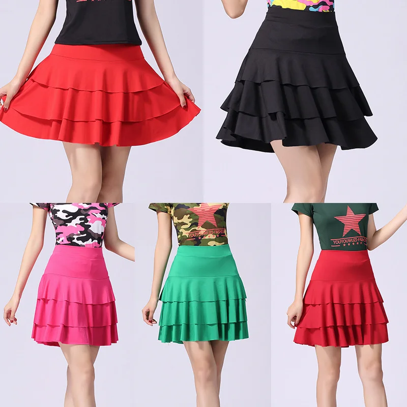 Plus Size Latin Dance Skirt Women Adult Three Layer Cake Half Length Skirt Square Dance Cha-cha Modern Social Dance Skirt