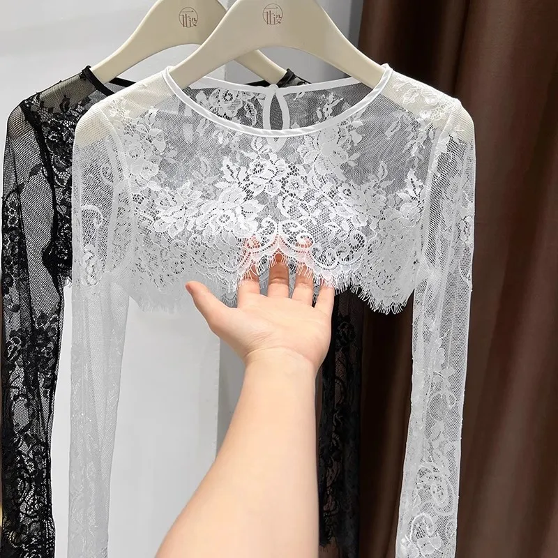 

Elegant Black Half-length Sun Protection Lace Sleeveless Top Ultra-short Mesh Cover-up Women's Fashion Spring 2025