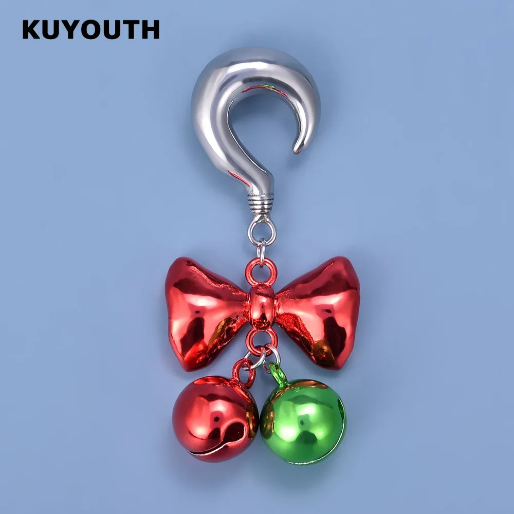 KUYOUTH New Stainless Steel Christmas Bells Ear Weight Piercing Gauges Body Jewelry Earring Expanders Stretchers 6mm 2PCS