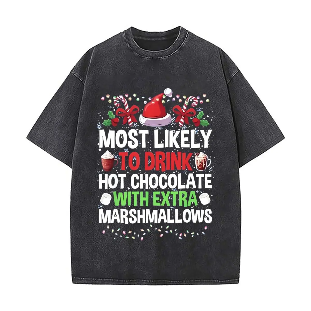 Christmas Hot Chocolate Marshmallow Vintage Distressed Loose Streetwear Tops for Campus Days