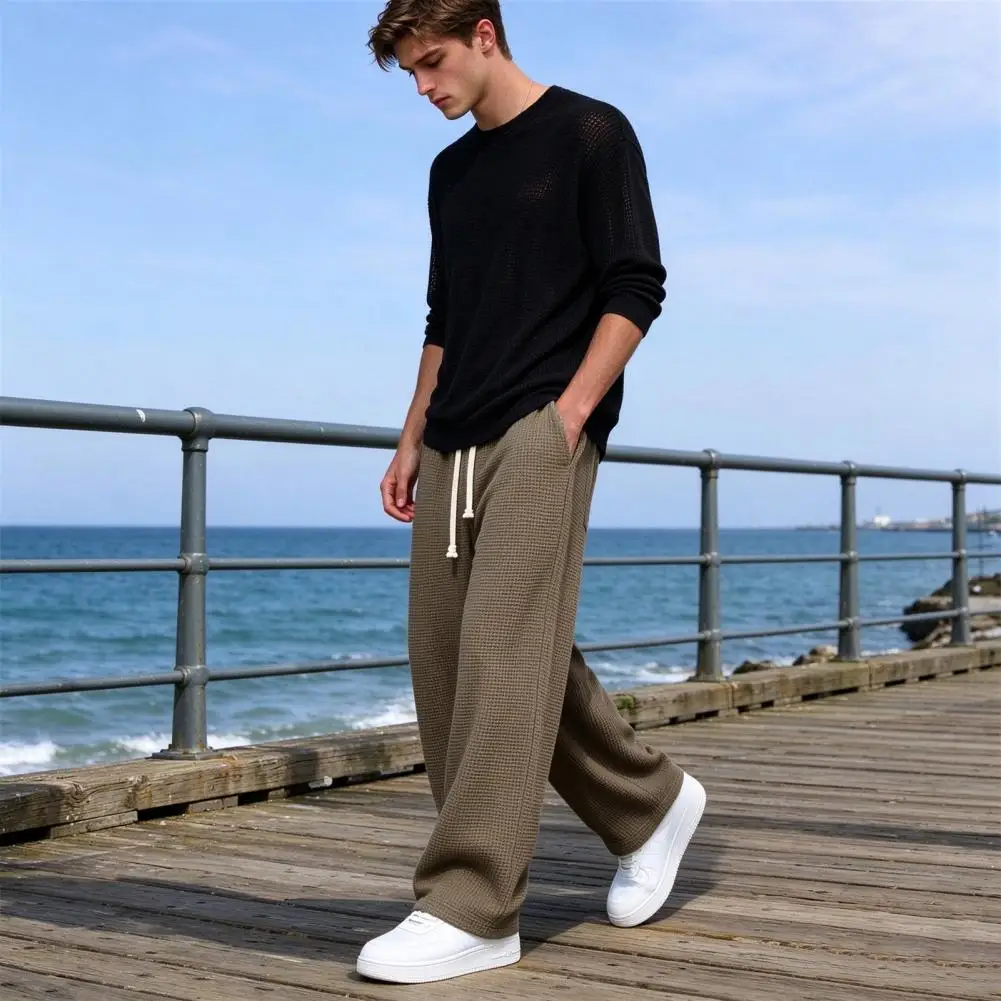 Loose Fit Men Trousers Men Daily Commuter Trousers Men's Waffle Baggy Trousers Wide Leg Drawstring Waist Slacks Loose for Travel
