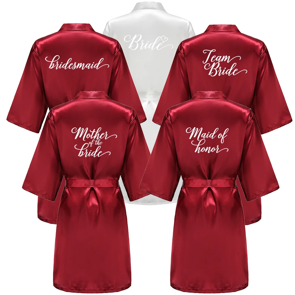 

Burgundy Bridesmaid Mother of The Bride Robes With White Letters Wedding Gift Women Satin Bridal Party Bathrobe