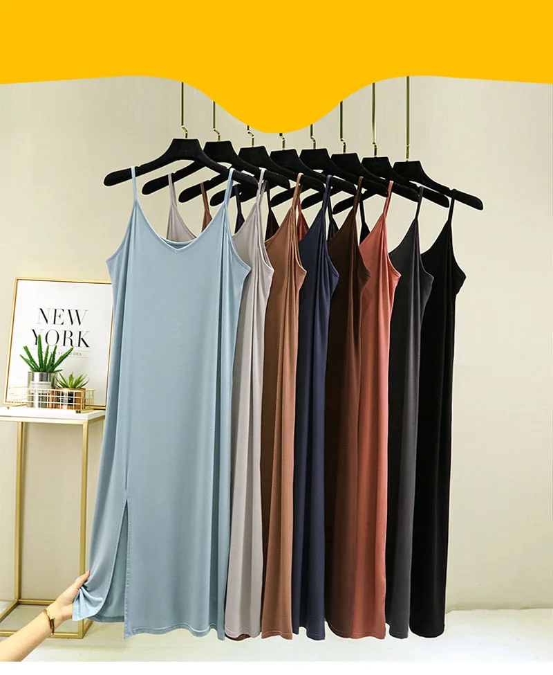 Sommerkleider für Damen, lässig, V-Ausschnitt, voll unter dem Slip-Kleid, Spaghettiträger, nahtlos, locker, geteilt, dünnes All-Match-Kleid – Detail 3