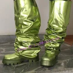 Trendy Green Knee High Boots Women's Platform Round Toe Pleated Motorcycle Boots New Thick Bottom Gold Silver Large Size Shoes