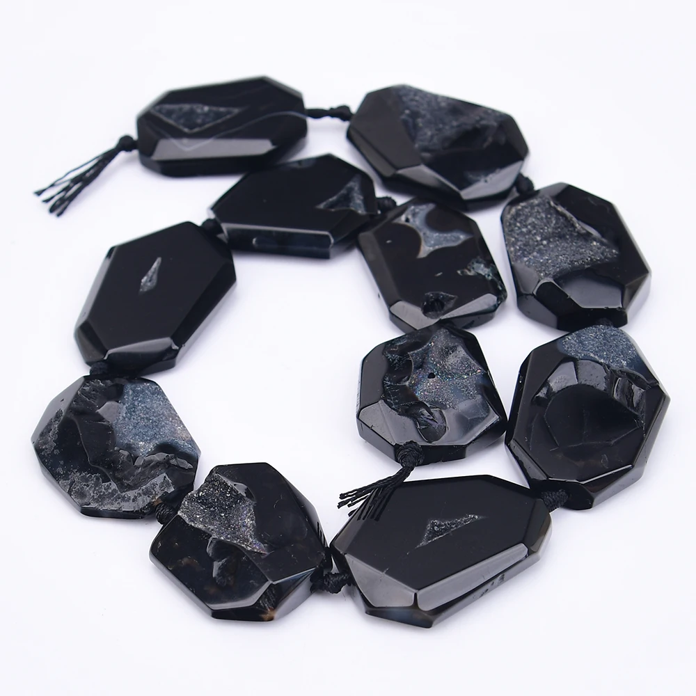 APDGG 22x34mm Natural Black Agate With Quartz Cutting Slice Pendant Loose Beads 16'' Jewelry DIY view 3