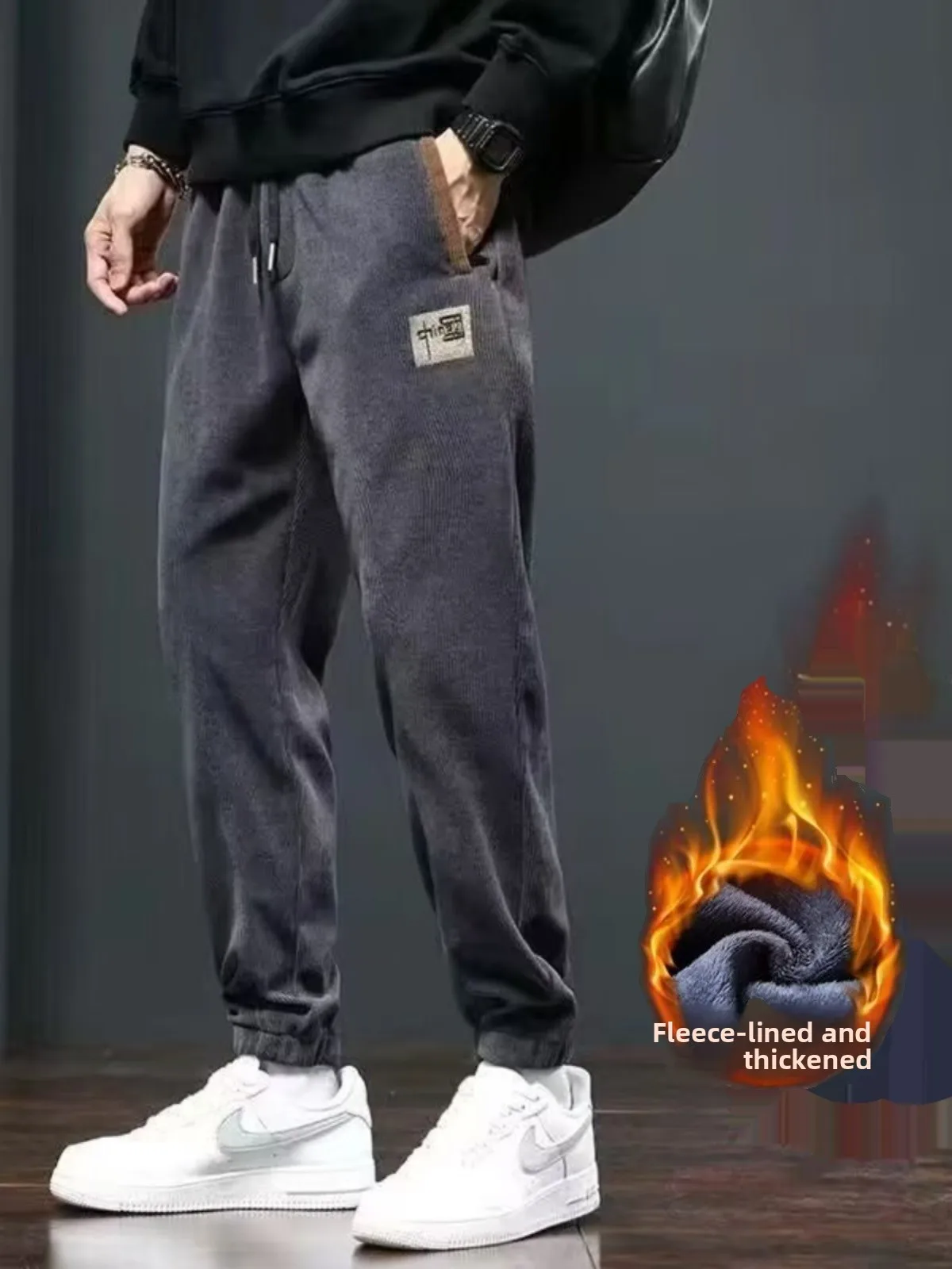 

Men's Loose Fce Lined Cuffed Straight Leg Sweatpants Casual Long Pants Corduroy Sle Comfortable Polyester Fiber Youth Fa...