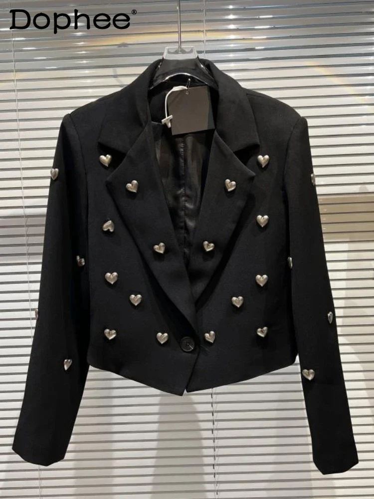 Chaqueta de traje corta en forma de corazón de Metal 3D para mujer, Blazer de manga larga negro, ropa para mujer, primavera y otoño, 2023