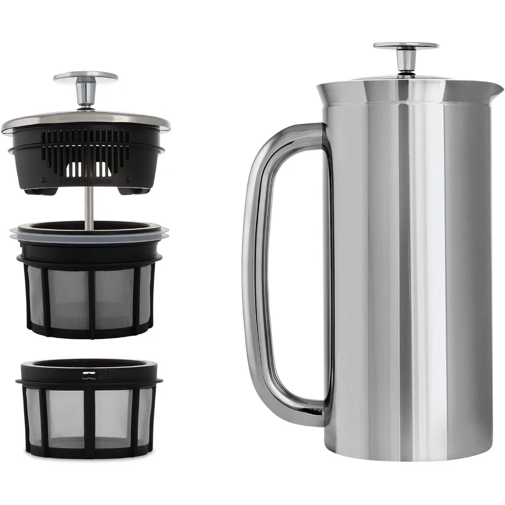 - P7 French Press - Double Walled Stainless Steel Insulated Coffee and Tea Maker with Micro-Filter - Keep Drinks Hotter