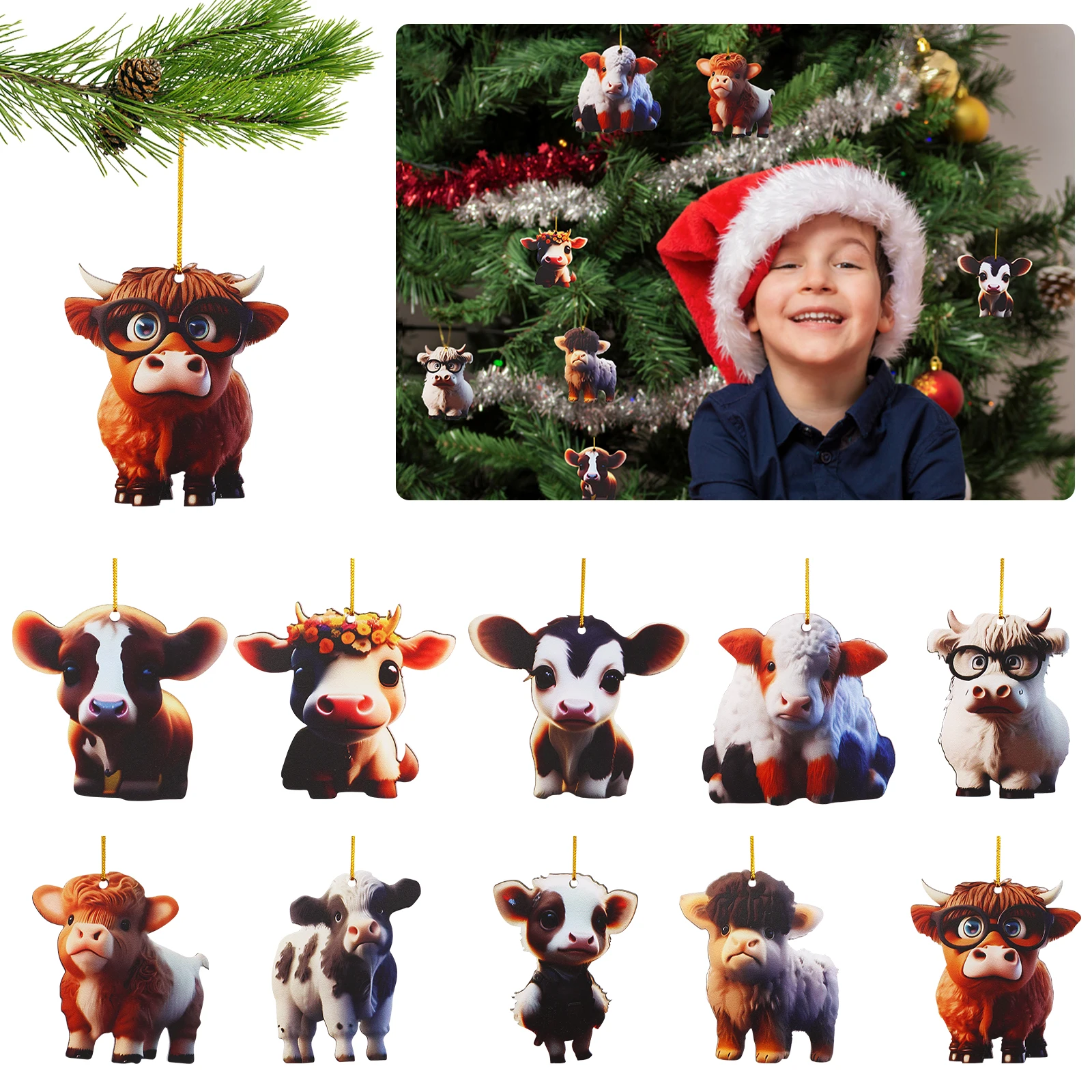 

10Pcs Cow Car Pendants Cute Cartoon Hanging Home Tree Decoration Acrylic Cow Pendants Decorative Christmas Tree Ornament