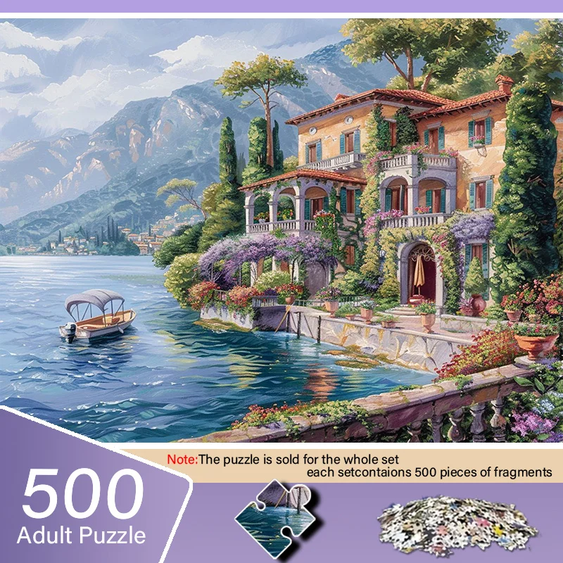 A Box of A Adult Mini Jigsaw Puzzle Featuring a Mediterranean-style Lakeside Town Design - Scratch-resistant, High Difficulty,