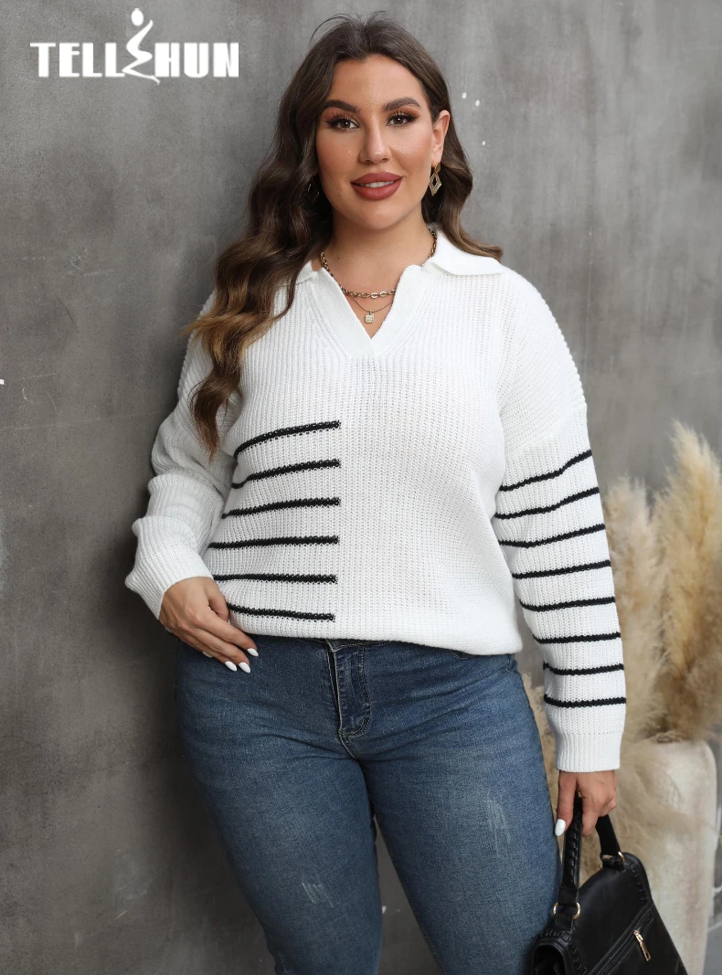 Striped Polo Neck Autumn Winter Pullover Sweater Women\'s Sweatshirt Loose Casual Warm Sweater Fashion Clothing Tops PLus Size