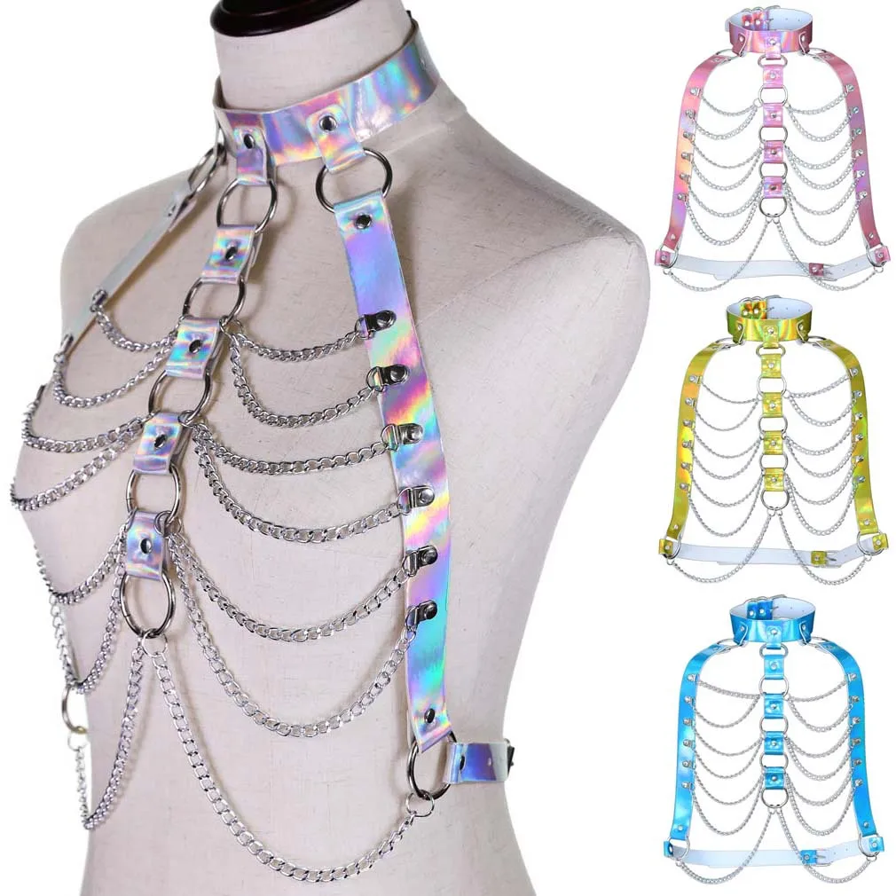 

Punk Holographic Body Chain Harness Top Punk Women Holo Rainbow Waist Jewelry Festival Rave Outfit Designer Belt Women