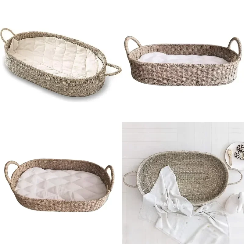for Ealing Handmade Grass Woven Baby Changing Basket Outdoor Convenient Sleeping Diaper Basket
