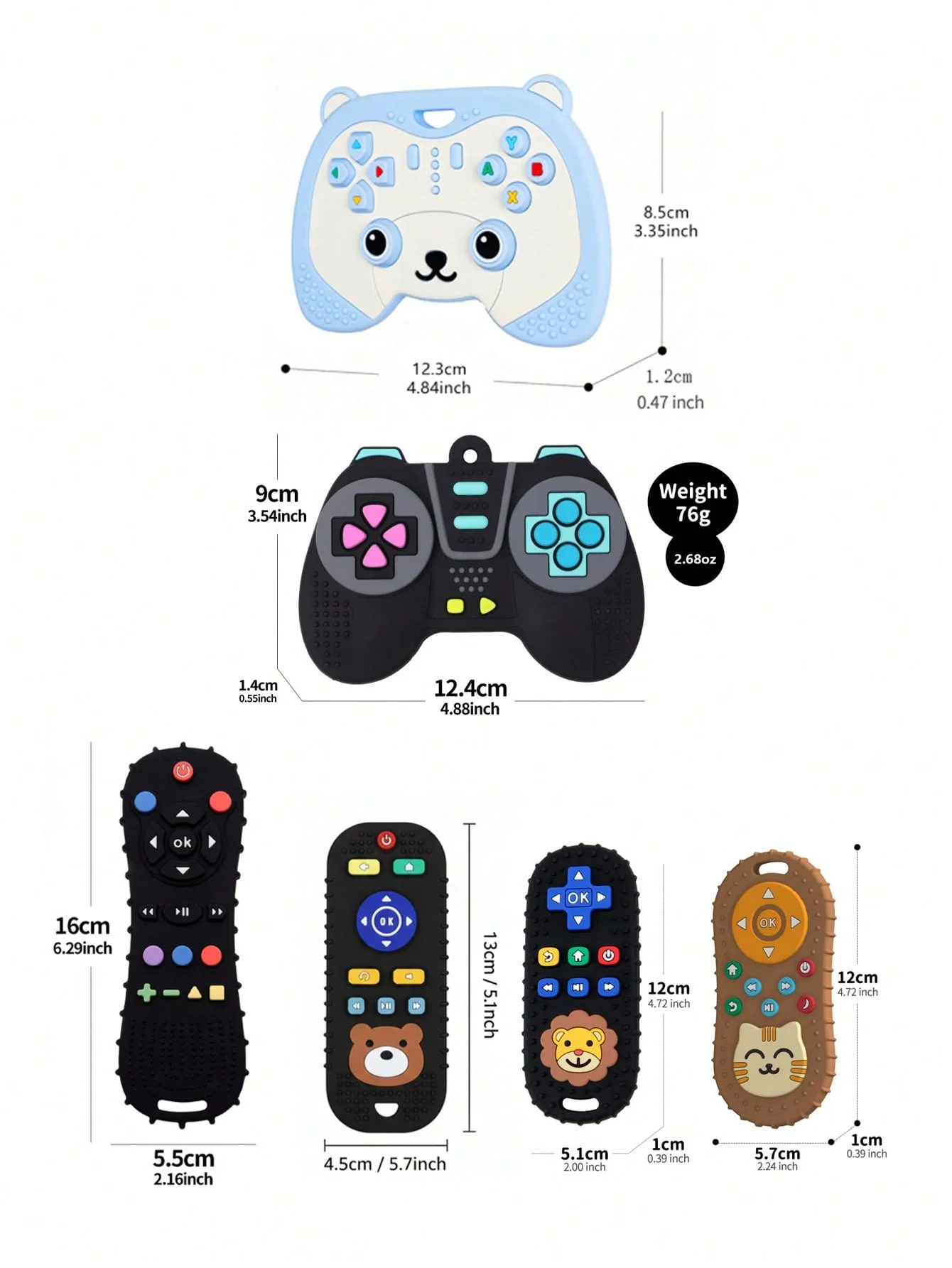 2pk Realistic Buttons Baby Remote Teether, Silicone Teething Toy 0-12M, Relief Sore Gums Sensory Molar Toy Newborn Shower Gift