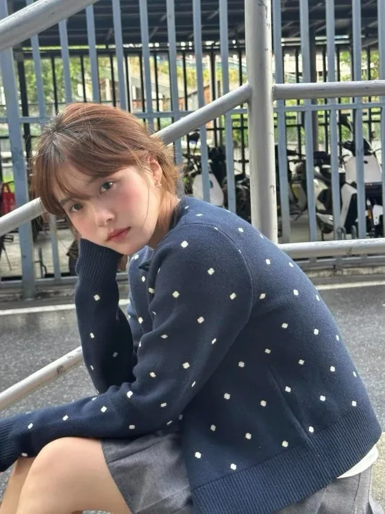 الكورية Sle لينة موجة نقطة محبوك سترة مفتوحة المرأة الخريف الشتاء جديد Sle k الأزرق جولة Ne زر سترة Jaet V... #4