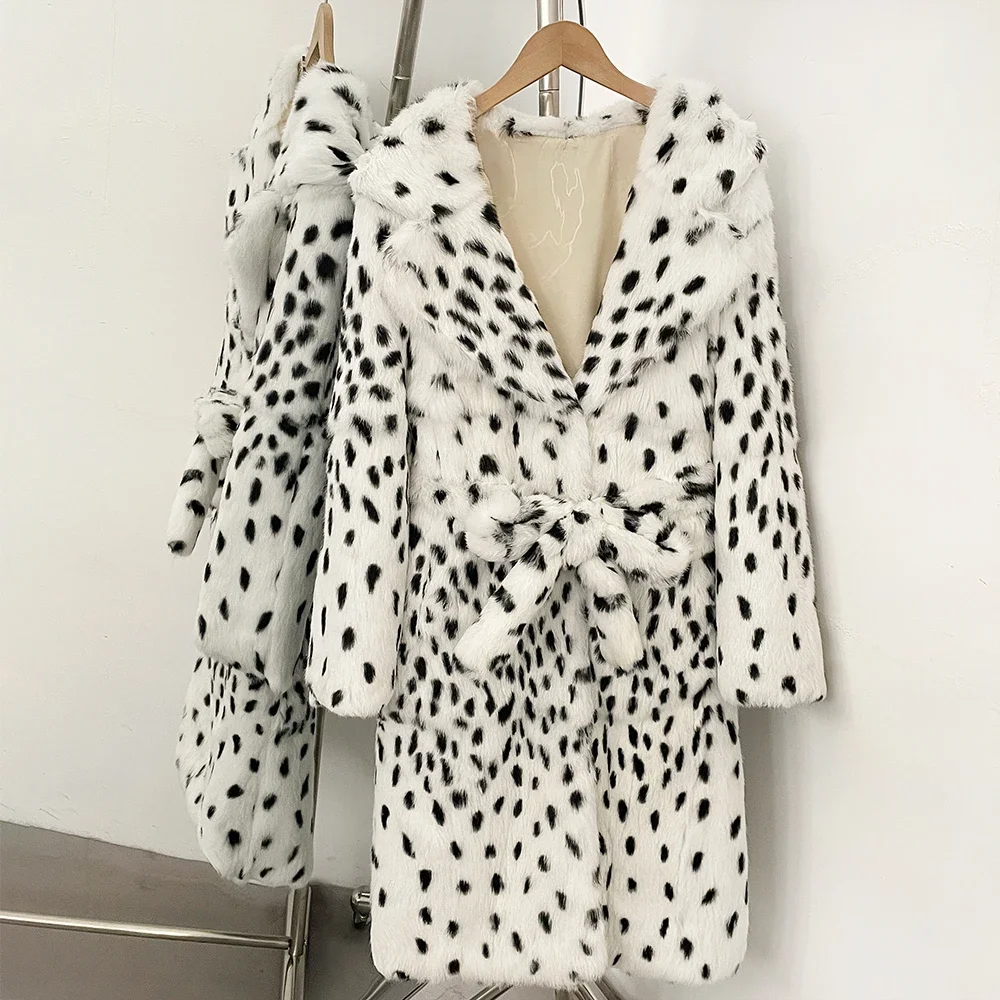 OFTBUY Damen-Felljacke mit Kapuze und Gürtel, lang, mit Fleckenmuster, aus echtem Kaninchenfell, neuer luxuriöser Wintermantel aus echtem Kaninchenfell – Detail 9