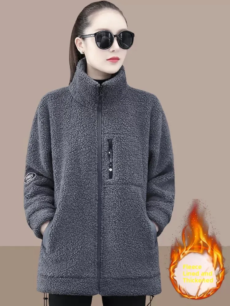

Ladies ort Lamb Fur Jaet Thiened Fce Sweatirt Warm Cotton Coat Commute Sle Polyester Fiber Long Sve Zipper Cl...