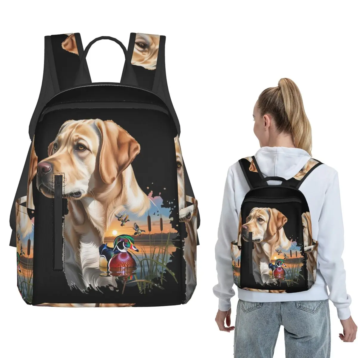 Yellow Labrador And Wood Duck Sunrise Backpack Daypack Boys Girls BookBag School Bag Shoulder Bags for Men Women