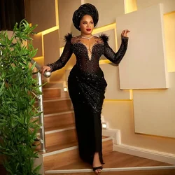 Evening Dresses Ostrich Sequin Straight Black Nigerian Prom Dress Long Sleeves Formal Gowns Feathers Sparkle Custom Made