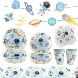 Blue Outer Space Theme Disposable Tableware Plates Cups Napkins Banner Astronaut Planet Rocket Pattern Birthday Party Supplies