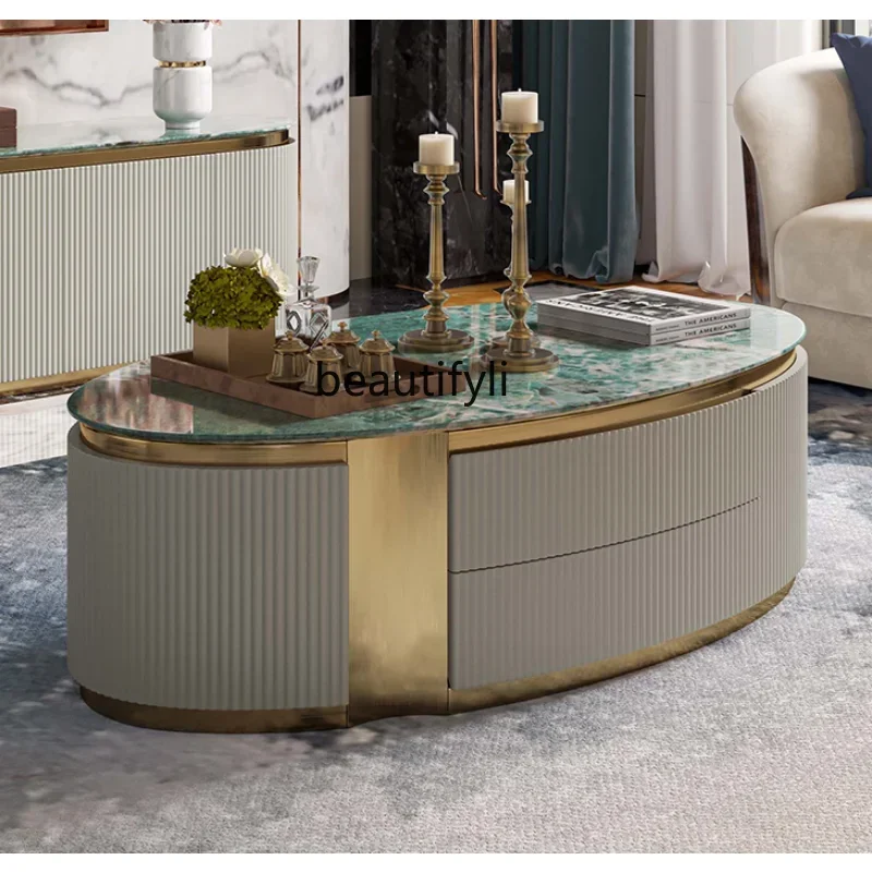 

Light Luxury Coffee Table TV Cabinet Combination Modern Model Room Living Room Furniture Marble Oval Tea Maker Table furnitureC