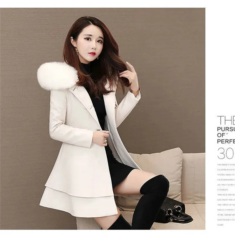 2023 New Winter Women\'s Woolen Blend Coat A-Line Double-Breasted Jackets Female Fur Collar Office Lady Wool Outwear