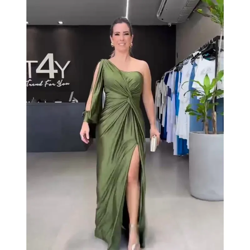 Nowa Sukienka Damska na Imprezę, Seksowna, na Jedno Ramię, Satynowa, z Wysokim Rozcięciem, Koktajlowa, Asymetryczna, Krótka, Wyszczuplająca, Podkreślająca Biodra, Wiązana na Szyi, Elegancka Odzież Uliczna