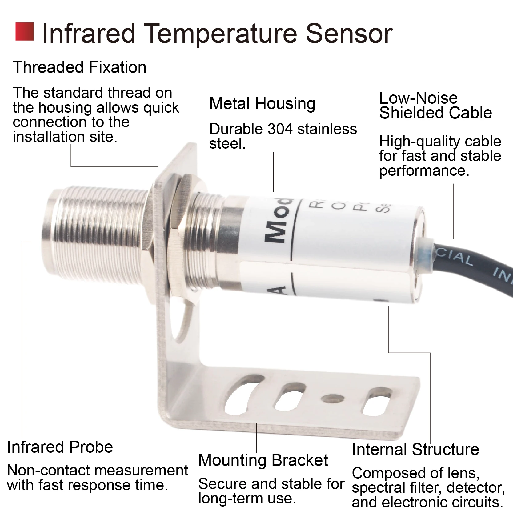 Compact Infrared Temperature Sensor 0-600°C 4-20mA 0-10V 0-5V RS485 Output Non-Contact Industrial Fixed Mount Pyrometer