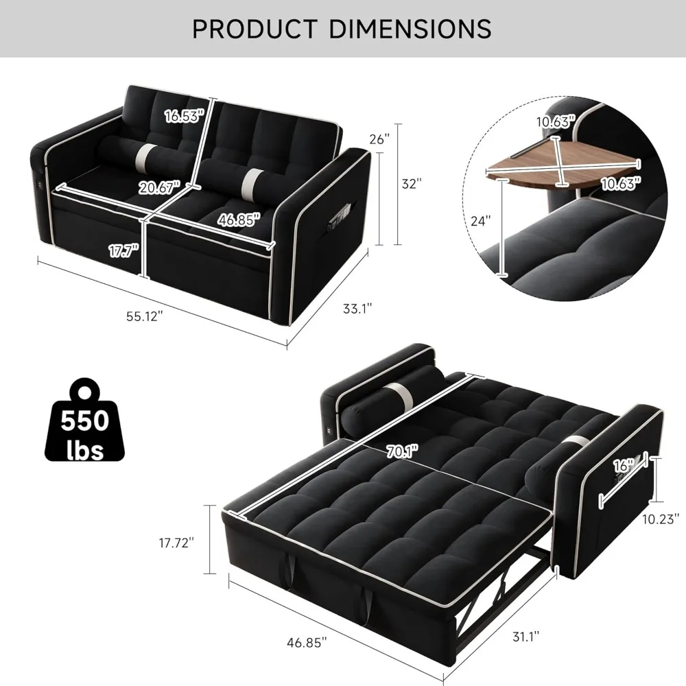 3 in 1 Sleeper Sofa Bed - Convertible Love Seat Couch with Side Table, Tufted Futon Sofa w/Pullout Bed, Adjustable Backrest