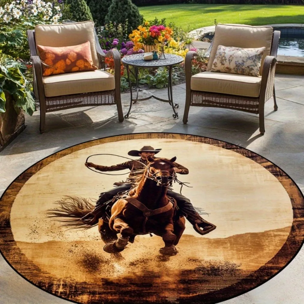 Cowboy Lasso and Horse Print Round Area Rug, Western Style Non-Slip Floor Mat, Decorative Carpet for Living Room Bedroom Home