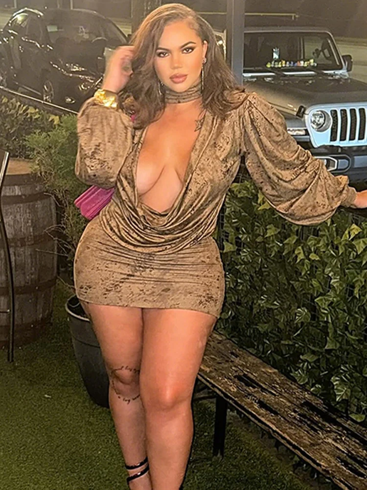 Sukienka Sisterlinda Sexy Swing Collar Dress Damska z rękawami typu latarnia, barwiona metodą tie-dye, zapinana na guziki, z wycięciami, podkreślająca biodra, idealna na ulicę i do klubu, elastyczna, obcisła.